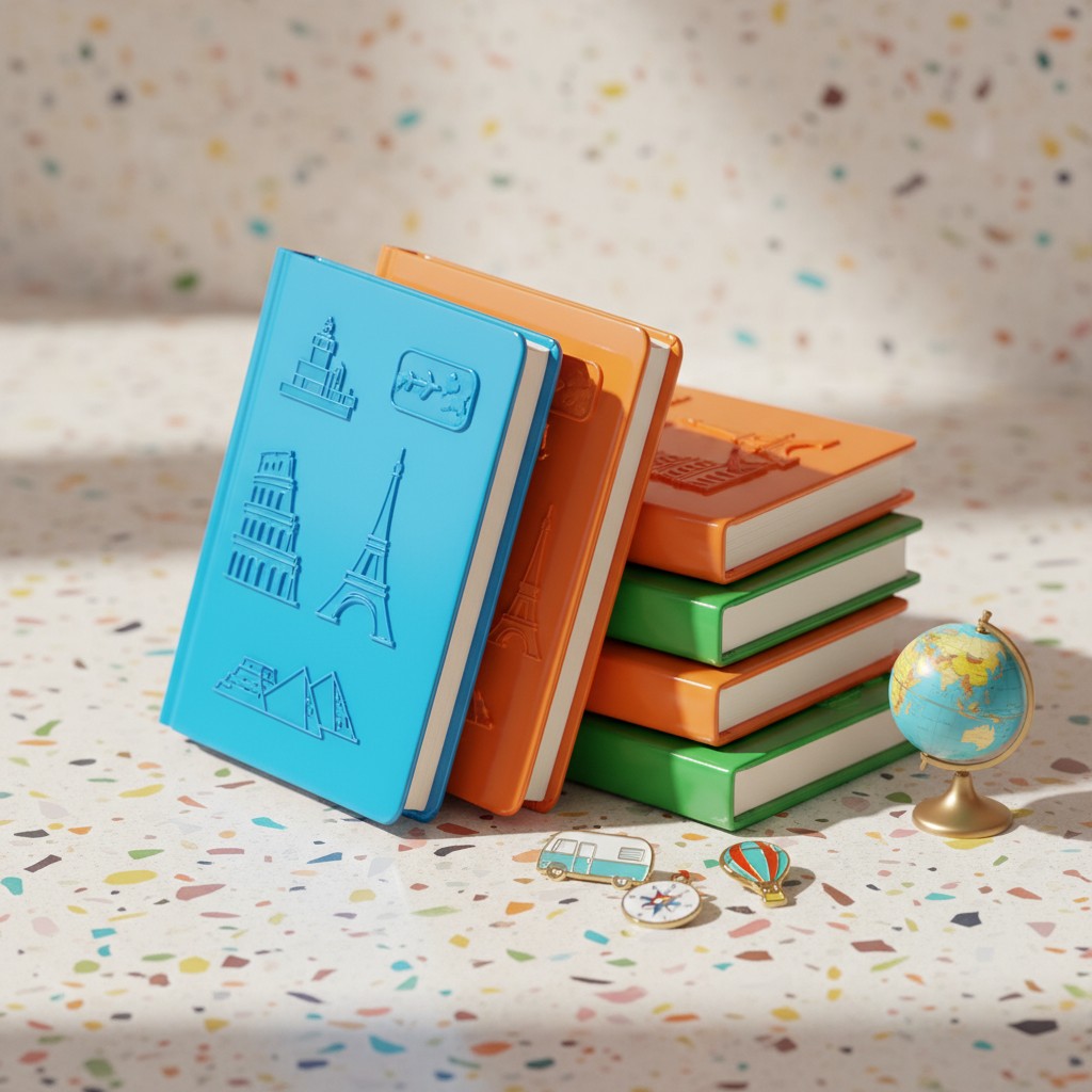 A stack of travel-themed items on a colorful speckled background, including hardcover books, a desk globe, brooches and pins.